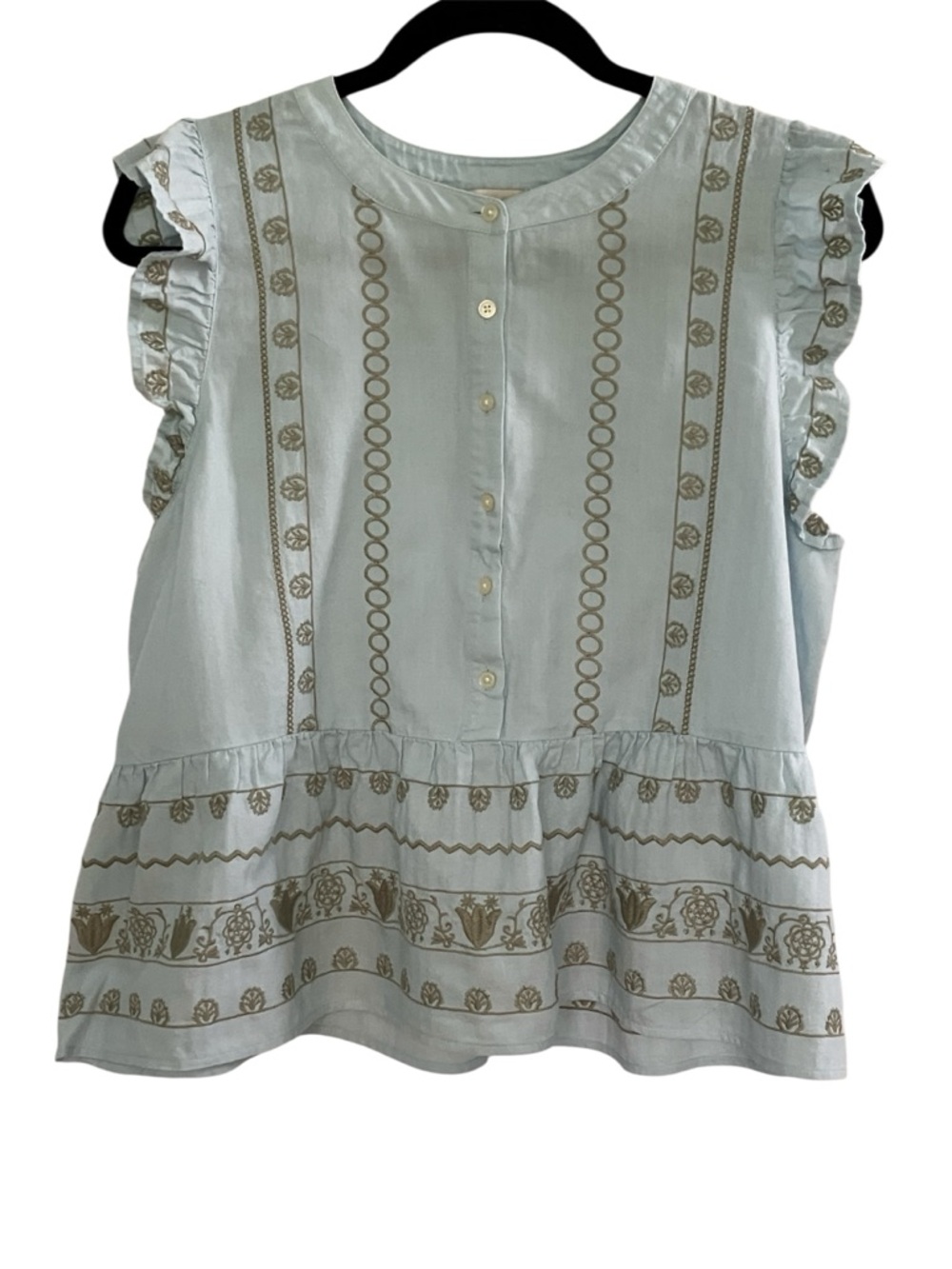 LOFT Pale Blue Button-Front embroidered Blouse with ruffled sleeves